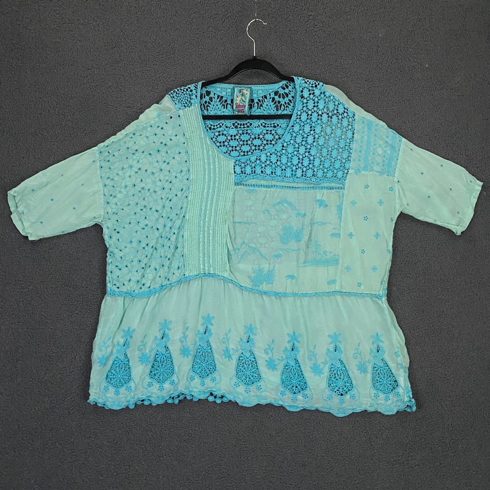Johnny Was Tunic Top Womens XL Blue Embroidered Eyelet Boho Hippie